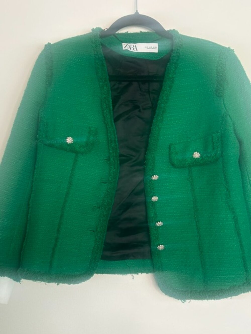 Zara Lush Green Tweed Jeweled Rhinestone Buttons Raw Fringe Trim Lined Jacket - Picture 9 of 16